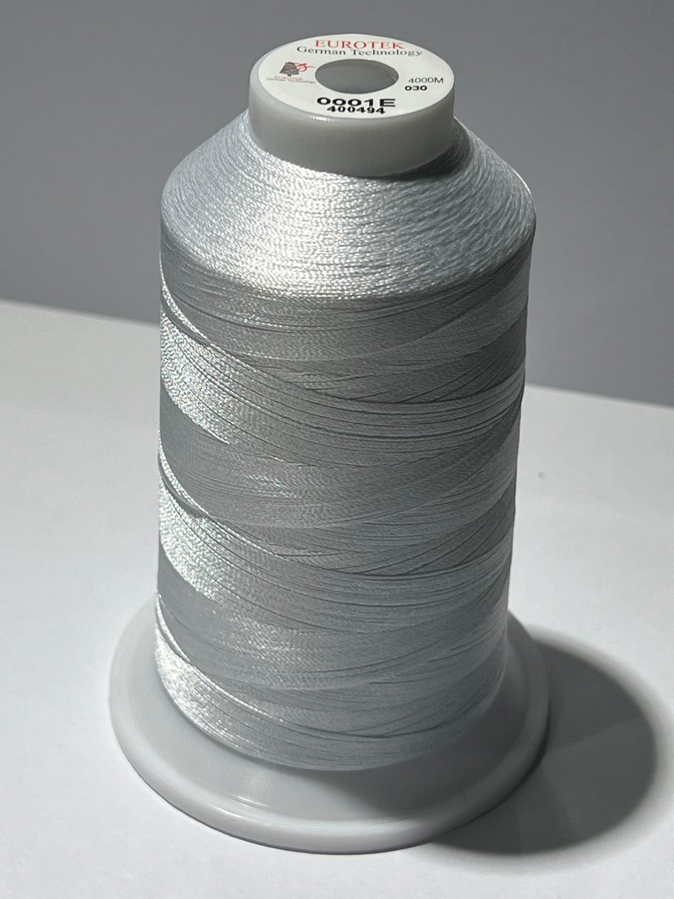 EUROTEK Embroidery Thread 100% Trilobal Polyester 4000mtr per cone 0001E minimum 12 cones